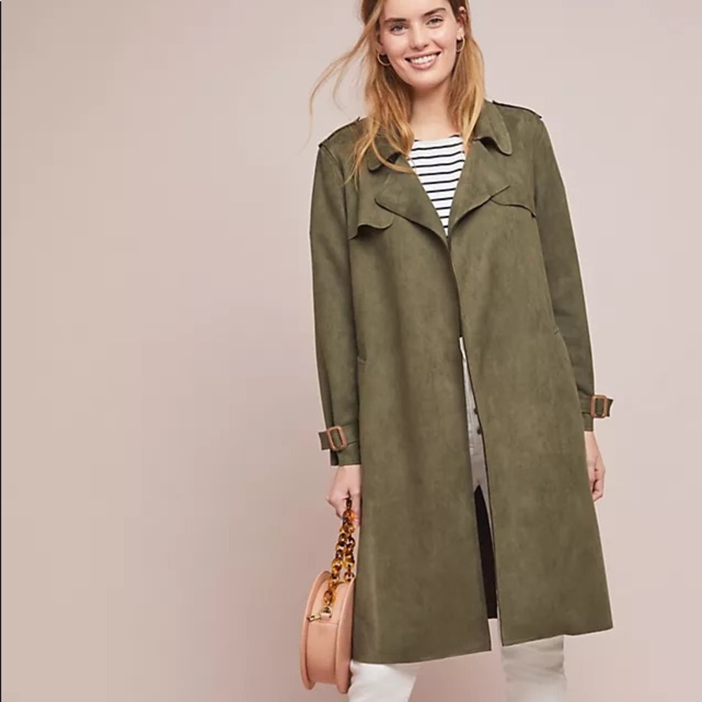 Anthropologie Green Trench Coat with Classic Lapels